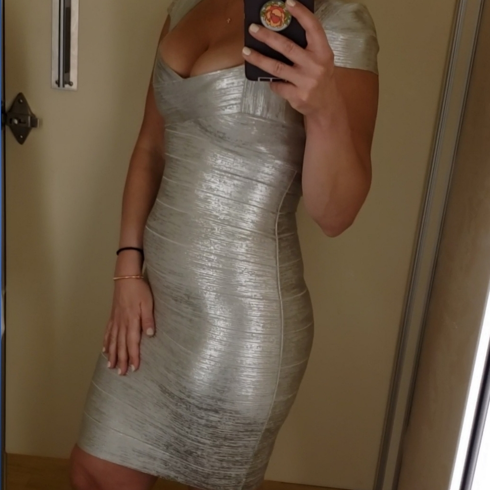 Herve Leger silver metallic bandage dress cap sleeve size M